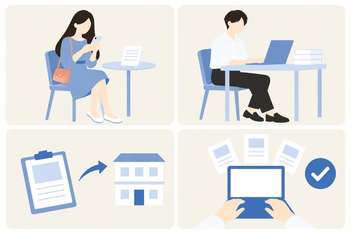 4つのやり方のイラスト。キャストがスマホで日記を書く、内勤スタッフがパソコンで何人分も代筆する、書類を外部の代行業者へ送る、AI ツールが作った下書きを内勤が確かめる